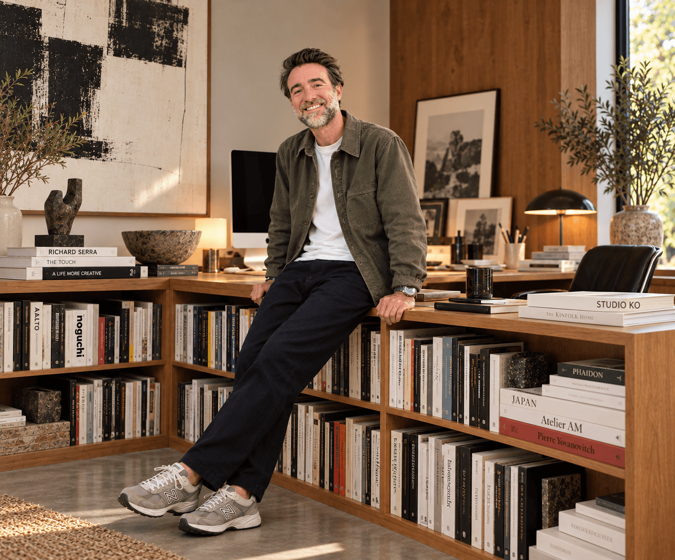 Nicolas souriant dans un espace de travail entouré de livres
